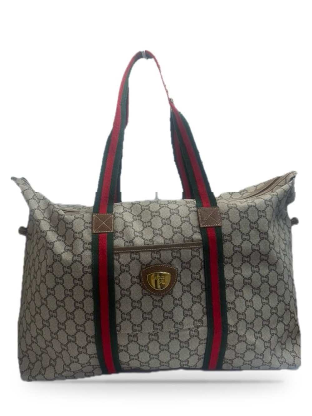 Gucci Beige GG Supreme Canvas Travel Bag with Red and Green Straps